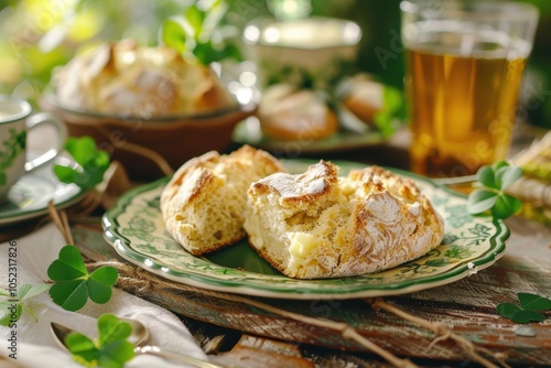 Traditional Irish Soda Bread for St. Patrick's Day on Rustic Table Setting photo