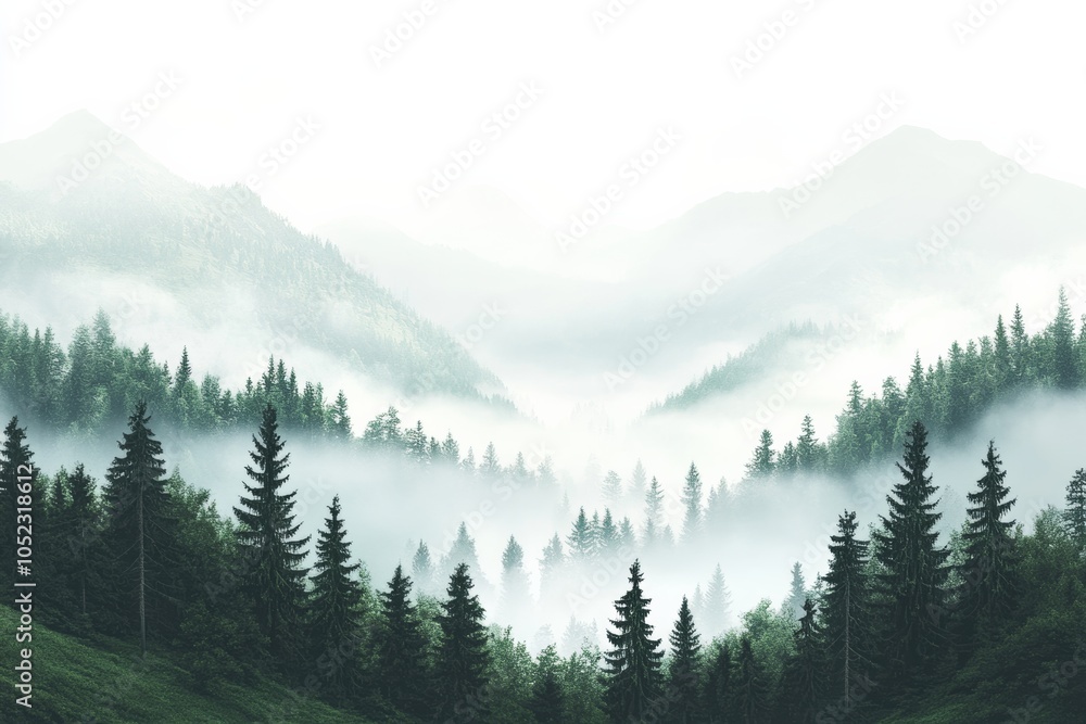 Fototapeta premium Evergreen forest with foggy valley, a mystical view of an evergreen forest overlooking a fog-filled valley, creating a dramatic and ethereal atmosphere,