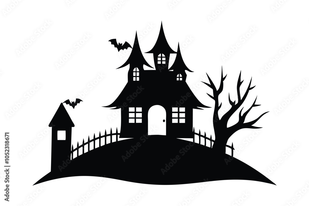 silhouette of a spooky haunted house on a hill with white background emphasizing a Halloween theme silhouette of a spooky haunted house on a hill with white background emphasizing a Halloween theme