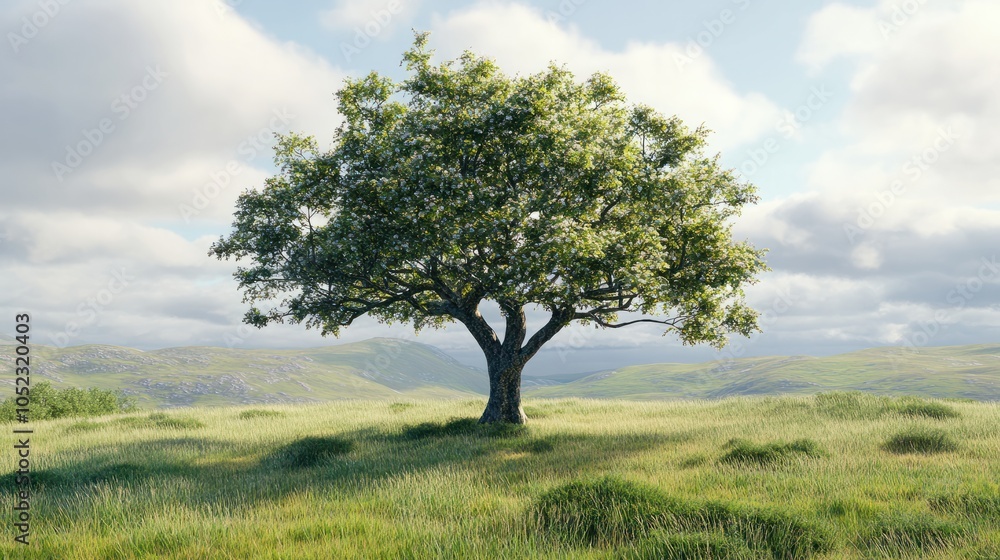Oak tree on grassy field in spring in Scotland, United Kingdom Oak tree on grassy field in spring in Scotland, United Kingdom