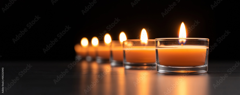 Burning candles in glass holders casting a cozy glow against a dark backdrop Burning candles in glass holders casting a cozy glow against a dark backdrop