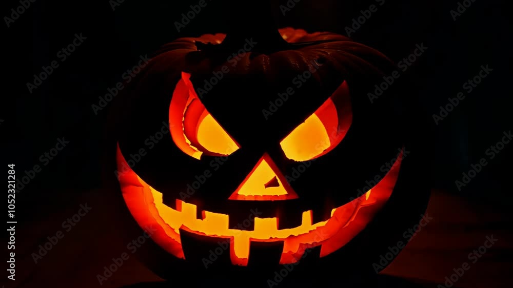 Glowing jack o' lantern with menacing face under dim light at night, 4k video Glowing jack o' lantern with menacing face under dim light at night, 4k video