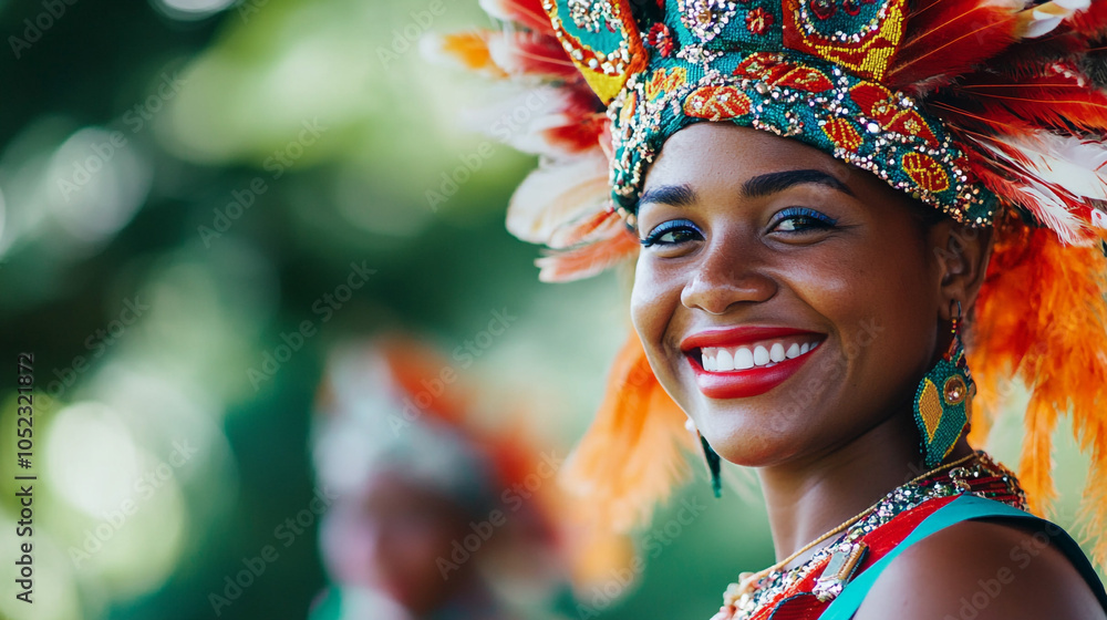Fototapeta premium Smiling Woman in Traditional Colorful Headwear and Costume