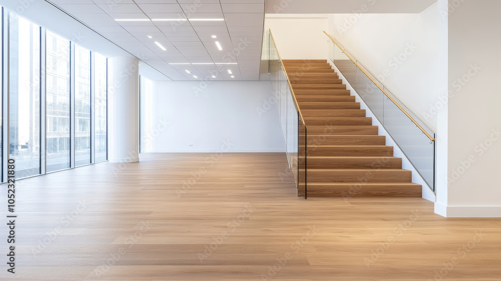 Obraz premium Light wooden staircase with glass railing in a spacious empty office with parquet flooring and large windows