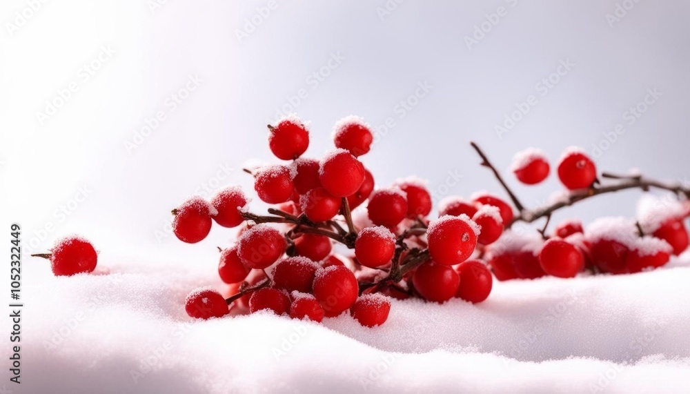 A winter scene: red Cotoneaster berries amidst freshly fallen snow, set against a white background. Generated with AI. A winter scene: red Cotoneaster berries amidst freshly fallen snow, set against a white background. Generated with AI.