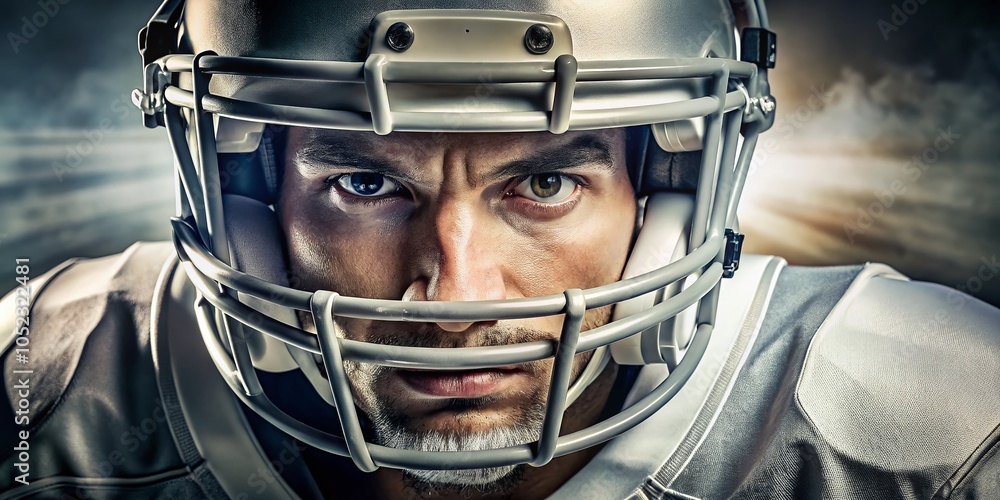 Close-up of American Football Player in Gray Helmet and White Uniform for Sports Documentary Photography Close-up of American Football Player in Gray Helmet and White Uniform for Sports Documentary Photography