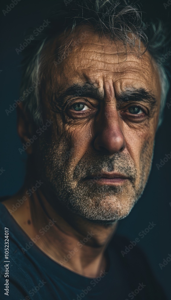 Portrait of a Middle-Aged Man with a Thoughtful Expression on Dark Blue Background Portrait of a Middle-Aged Man with a Thoughtful Expression on Dark Blue Background