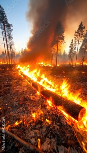 Forest fire consumes trees and underbrush in a dramatic display at sunset in a remote area photo