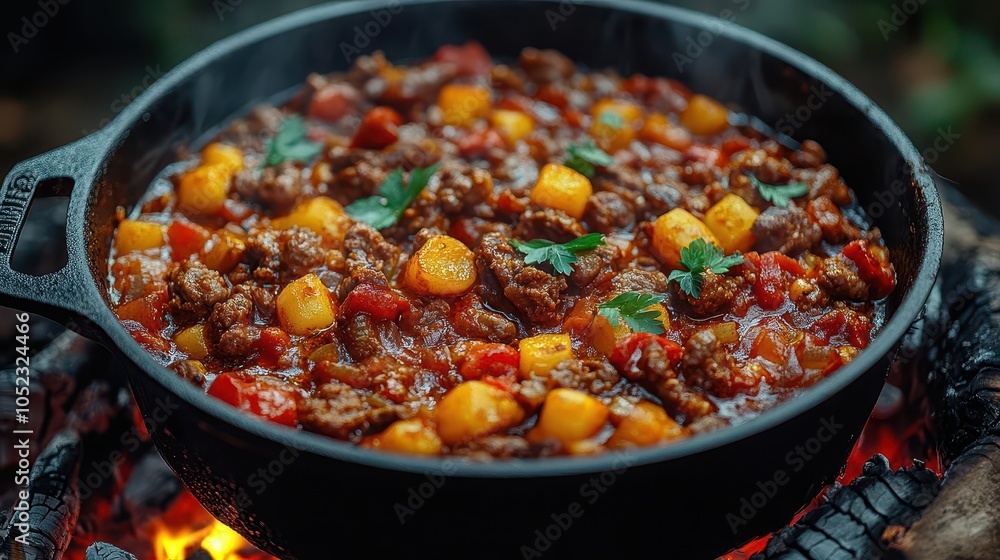 rustic cast iron pot simmering over an open flame, filled with hearty goulash, surrounded by a cozy campfire setting, evoking warmth and traditional cooking in an outdoor environment rustic cast iron pot simmering over an open flame, filled with hearty goulash, surrounded by a cozy campfire setting, evoking warmth and traditional cooking in an outdoor environment