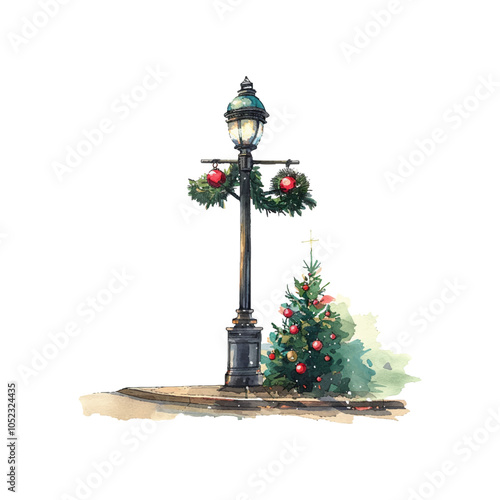 street light with christmas decoration vector illustration in watercolor style