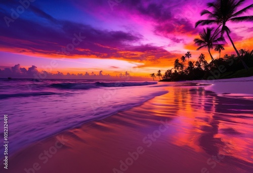 tropical beach scene featuring serene palm silhouettes breathtaking sunset calm ocean waves capturing perfect vehicle relaxation escape, sand, horizon, sky