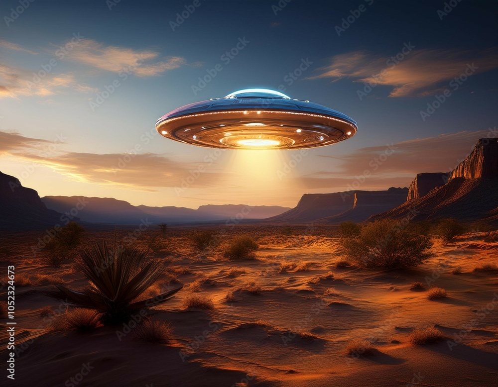 a mysterious ufo hovers above a serene desert landscape during dusk casting a captivating glow against the twilight sky a mysterious ufo hovers above a serene desert landscape during dusk casting a captivating glow against the twilight sky