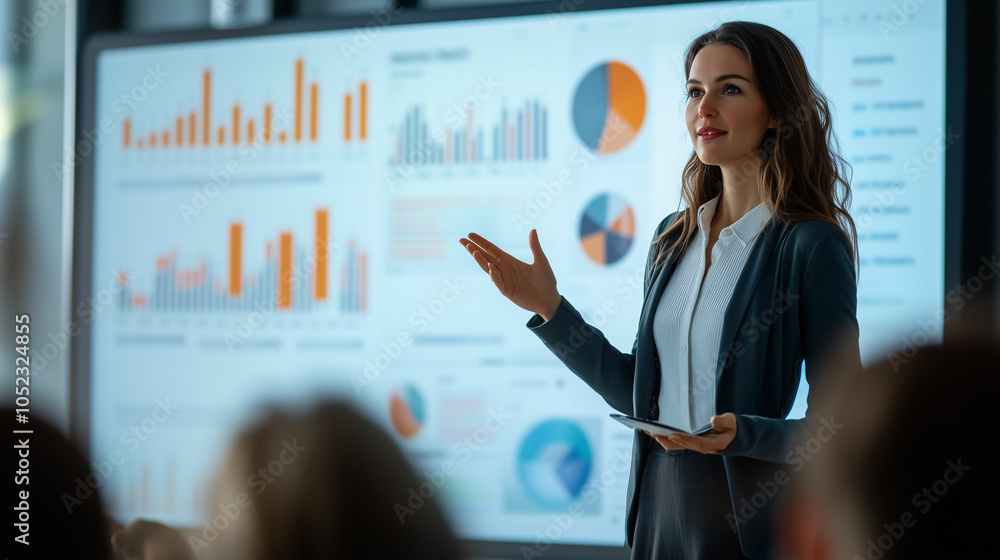 Businesswoman presents data-driven insights to an engaged audience during a corporate meeting Businesswoman presents data-driven insights to an engaged audience during a corporate meeting
