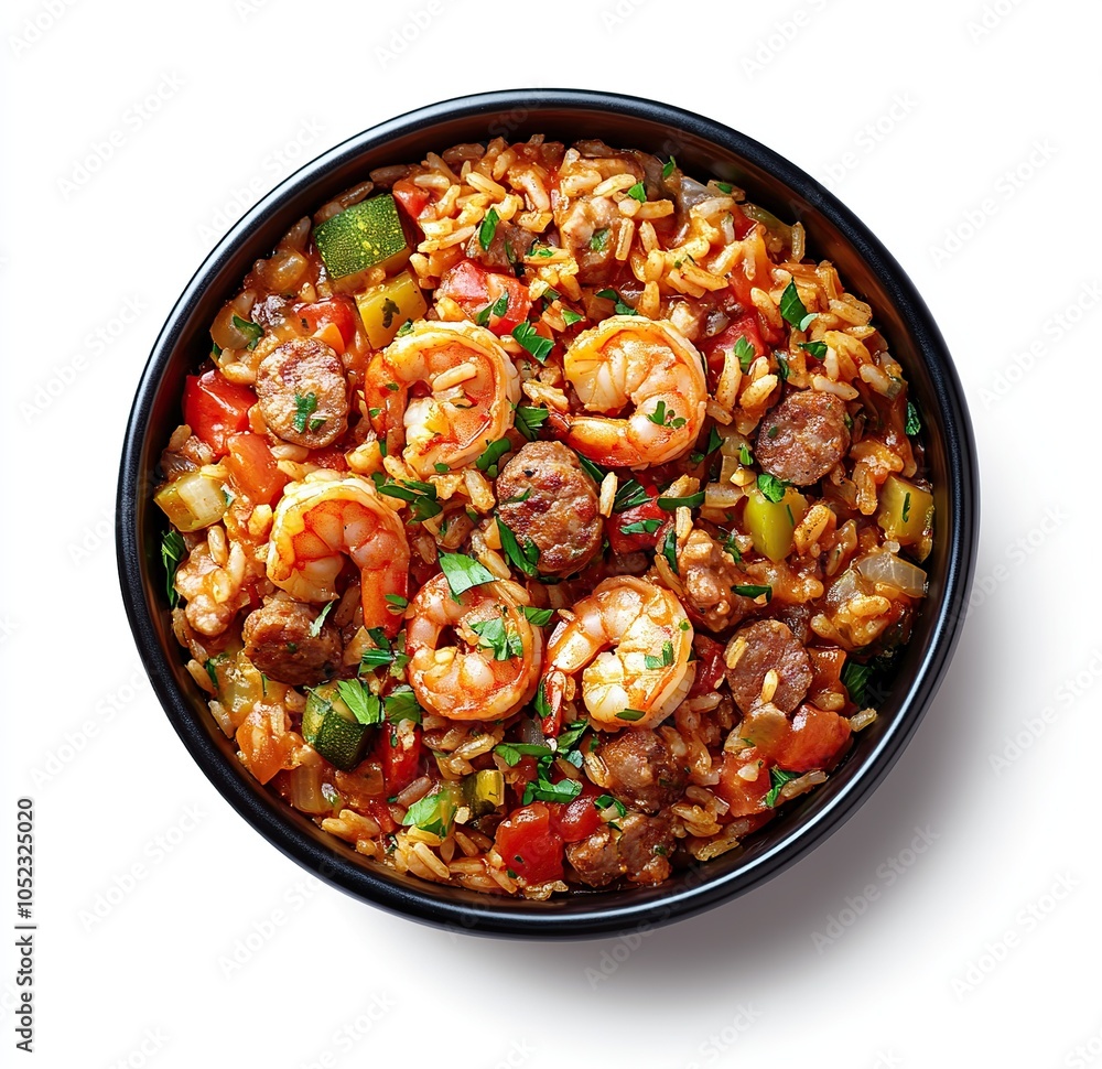 Delicious jambalaya with shrimp, sausage, and vegetables in a black bowl. Delicious jambalaya with shrimp, sausage, and vegetables in a black bowl.