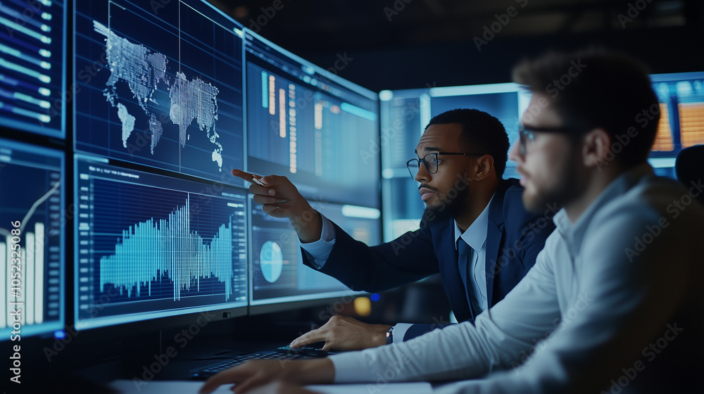 Fototapeta premium Financial analysts reviewing complex data reports at a modern office workstation in the evening