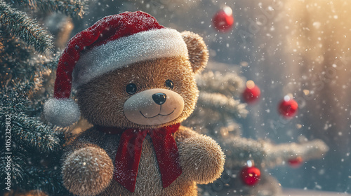 Wallpaper Mural Christmas teddy bear wearing santa hat with christmas tree and gift box background Torontodigital.ca