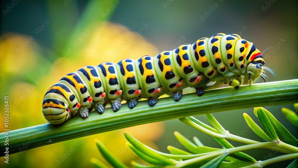 Close-Up of Swallowtail Caterpillar on Stem in Nature's Habitat