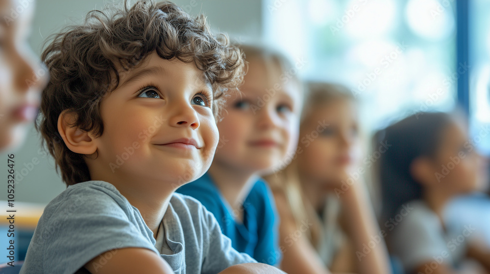 Young children attentive in a classroom during a lively lesson on a sunny day Young children attentive in a classroom during a lively lesson on a sunny day
