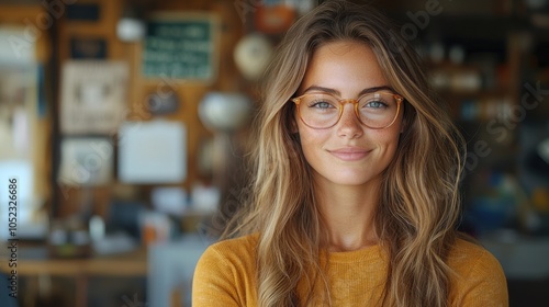 A young woman with glasses smiles warmly in a cozy café filled with rustic decor during a sunny afternoon