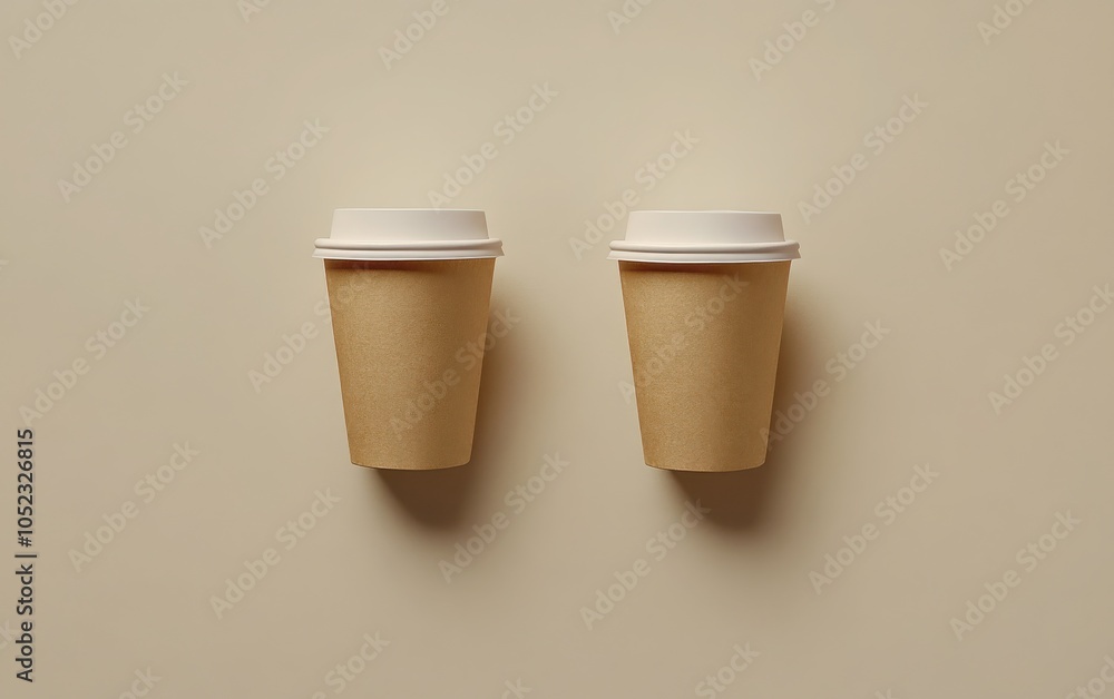 A minimalist composition capturing two brown paper coffee cups with white plastic lids from a top view, placed on a gentle light beige background A minimalist composition capturing two brown paper coffee cups with white plastic lids from a top view, placed on a gentle light beige background