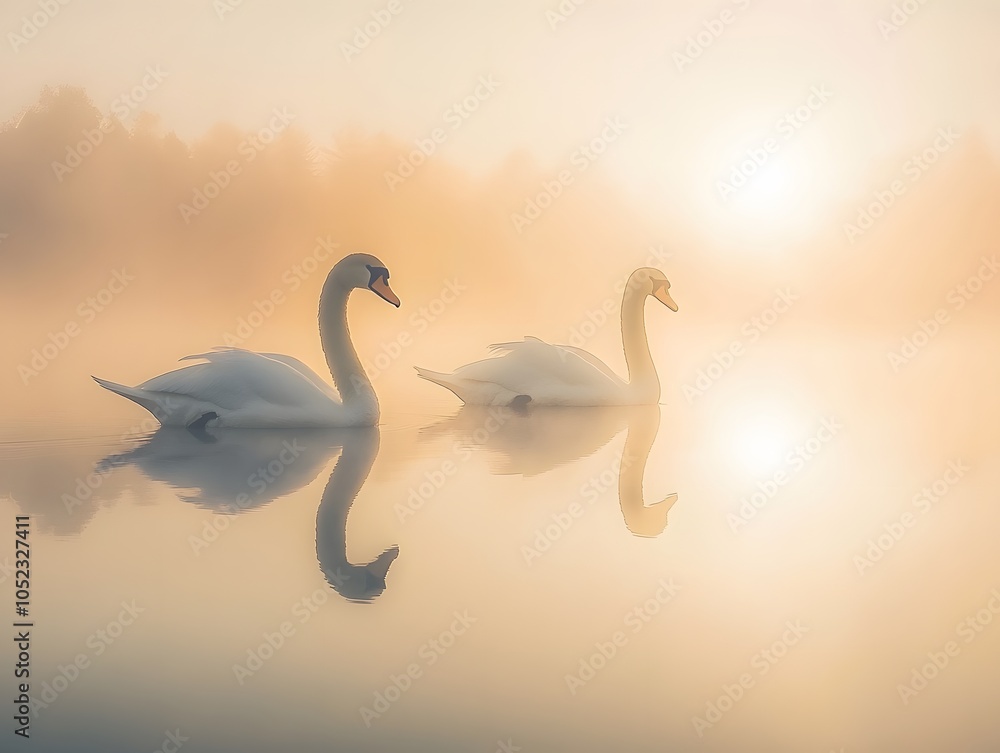 Two swans glide through a misty lake at sunrise. Two swans glide through a misty lake at sunrise.