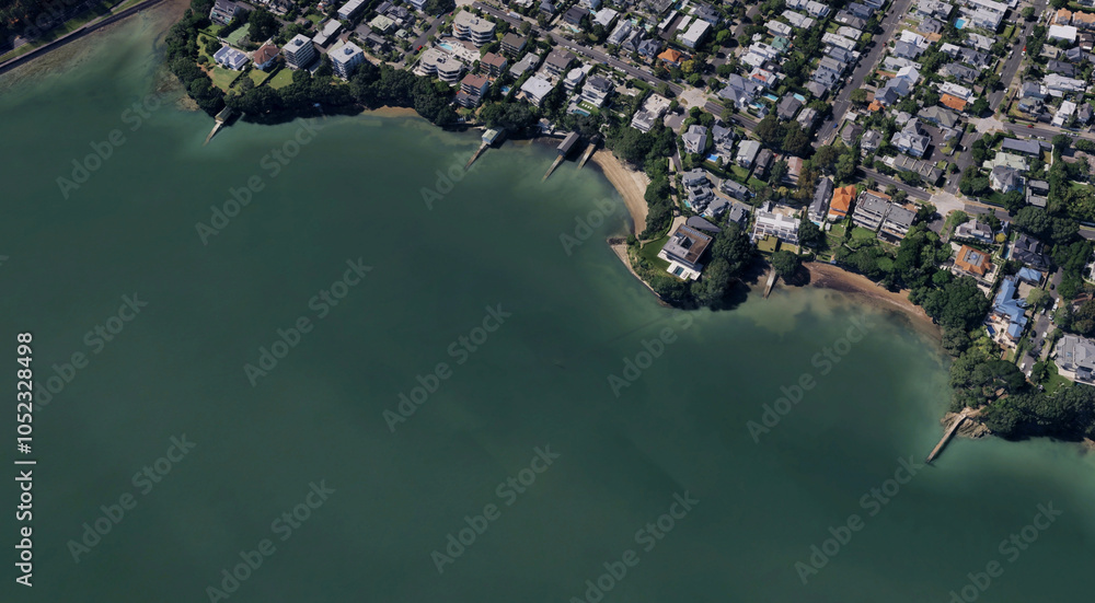 The coast of Auckland city in New Zealand from a bird's eye view