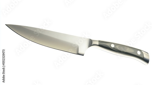 Isolated kitchen knife with a silver blade and handle, hovering against a transparent white background, ideal for cooking and culinary themes.