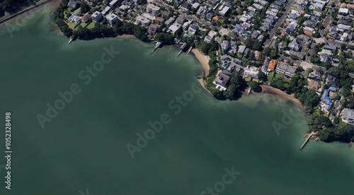 The coast of Auckland city in New Zealand from a bird's eye view