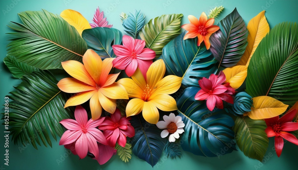 Obraz premium experience a lively summer sale featuring colorful tropical foliage and bright flowers showcasing vibrant colors and a joyful atmosphere