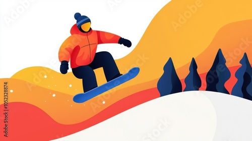 Visualization of a snowboarder performing a trick in a snow park, with colorful snowboards and rails in the background, Snowboarder doing tricks, Freestyle snowboarding photo