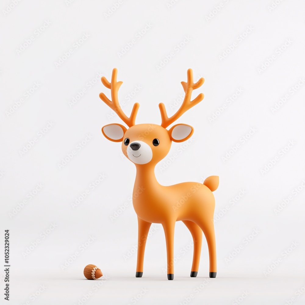 Fototapeta premium Adorable Deer Looking at Tiny Acorn by Its Feet