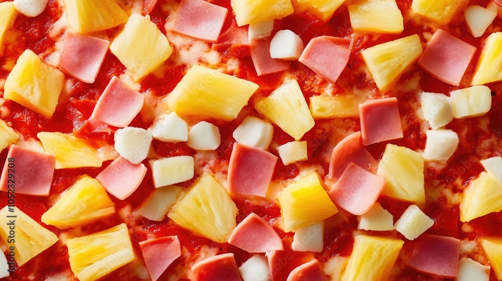 Close-Up of Hawaiian Pizza with Pineapple and Ham Close-Up of Hawaiian Pizza with Pineapple and Ham
