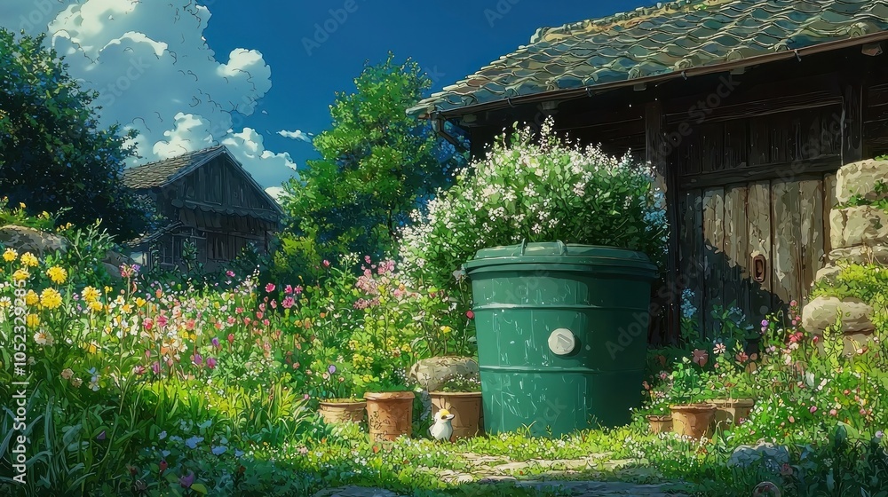 Anime Garden Landscape with Blue Sky and Clouds Anime Garden Landscape with Blue Sky and Clouds