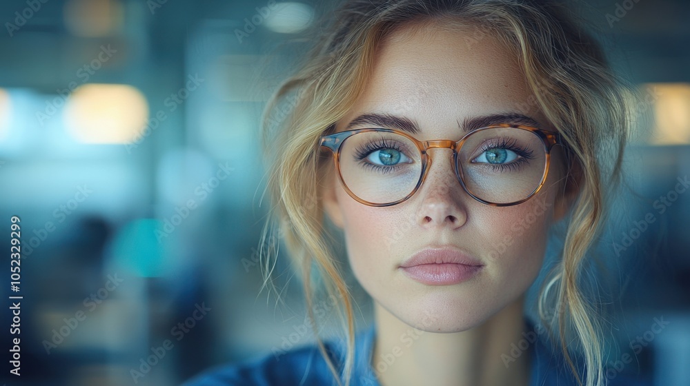 Young woman with glasses poses confidently in a bright, modern office setting during daylight hours Young woman with glasses poses confidently in a bright, modern office setting during daylight hours