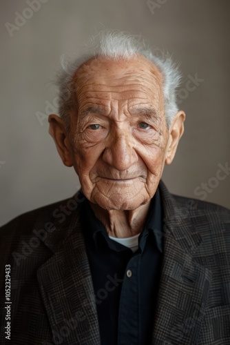 Content Elderly Man with Soft Smile on Muted Beige Background for Portrait Photography