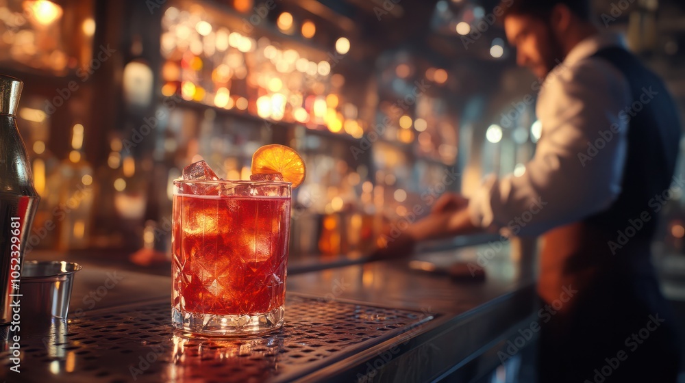 Bartender preparing fresh negroni cocktail