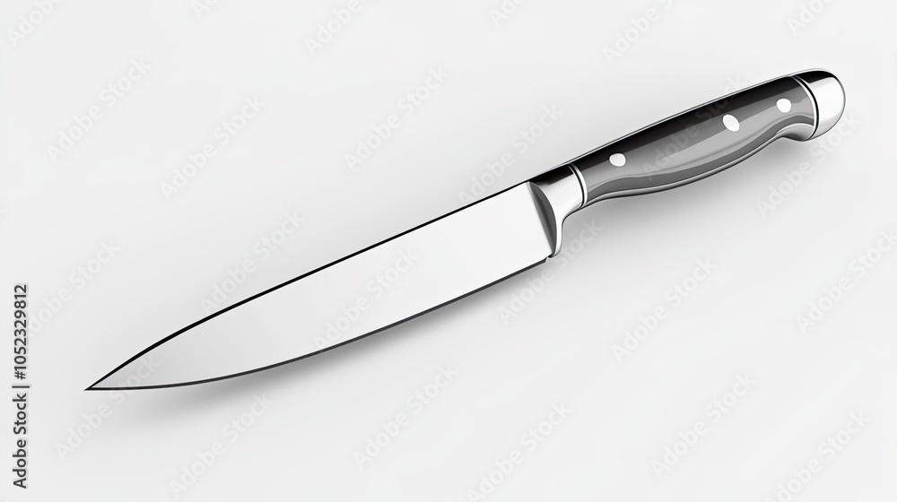 Obraz premium Silver kitchen knife with a sharp blade floating on a white background, suitable for food and cooking-related themes. Emphasizing precision and modern culinary tools.