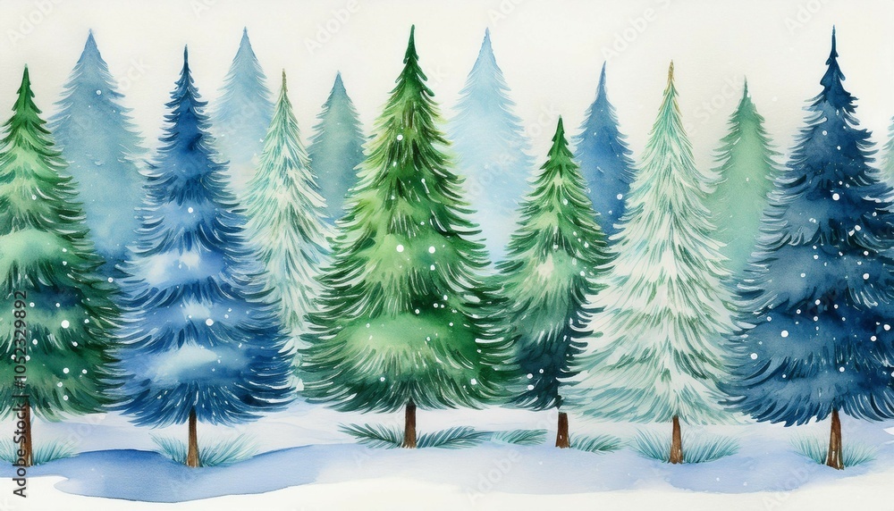 Obraz premium hand drawn watercolor white green and blue christmas pine trees with snow covered branches