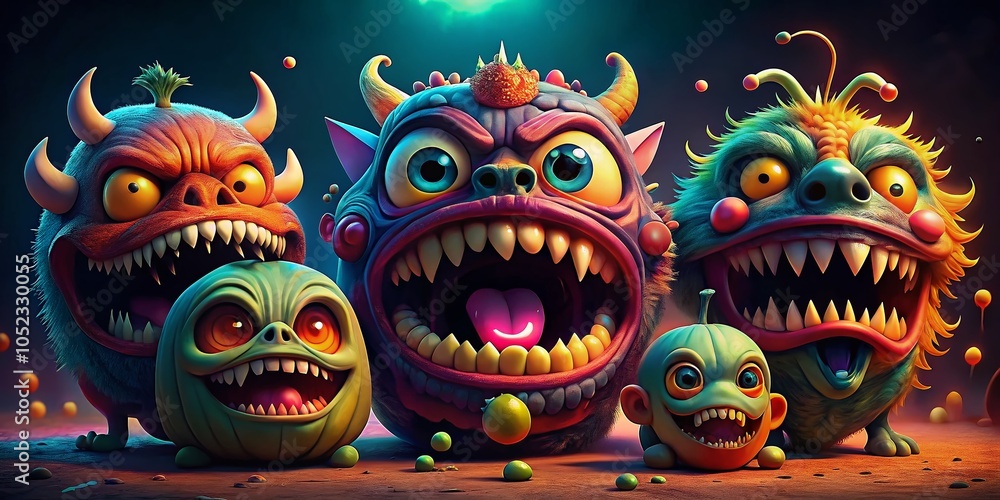 Colorful Cartoon Halloween Monsters with Funny Expressions and Scary Mouths Featuring Fangs and Tongues Colorful Cartoon Halloween Monsters with Funny Expressions and Scary Mouths Featuring Fangs and Tongues