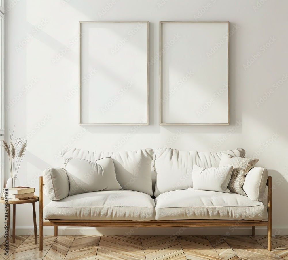 Minimalist living room interior with a white sofa. two empty picture frames. wooden side table. and natural light Minimalist living room interior with a white sofa. two empty picture frames. wooden side table. and natural light