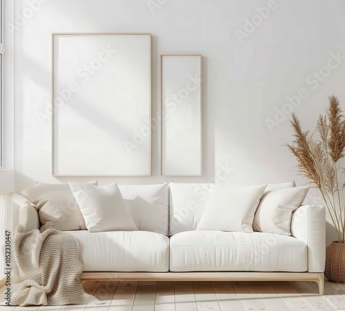 A minimalist living room with a white couch. two empty frames. and a vase with dried plants