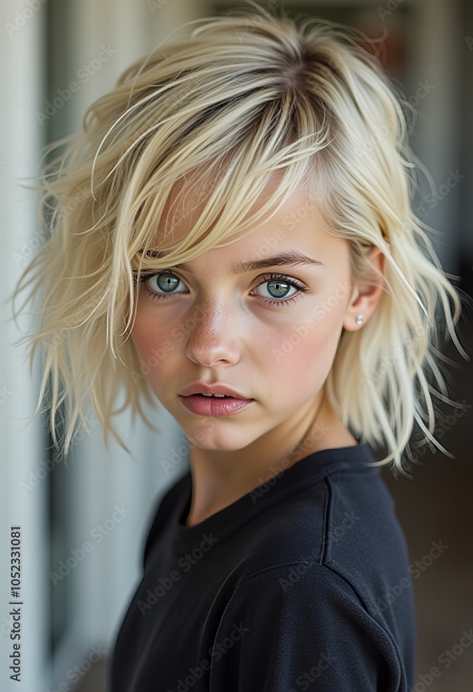 Fototapeta premium A young girl with blonde hair and blue eyes looks directly at the camera