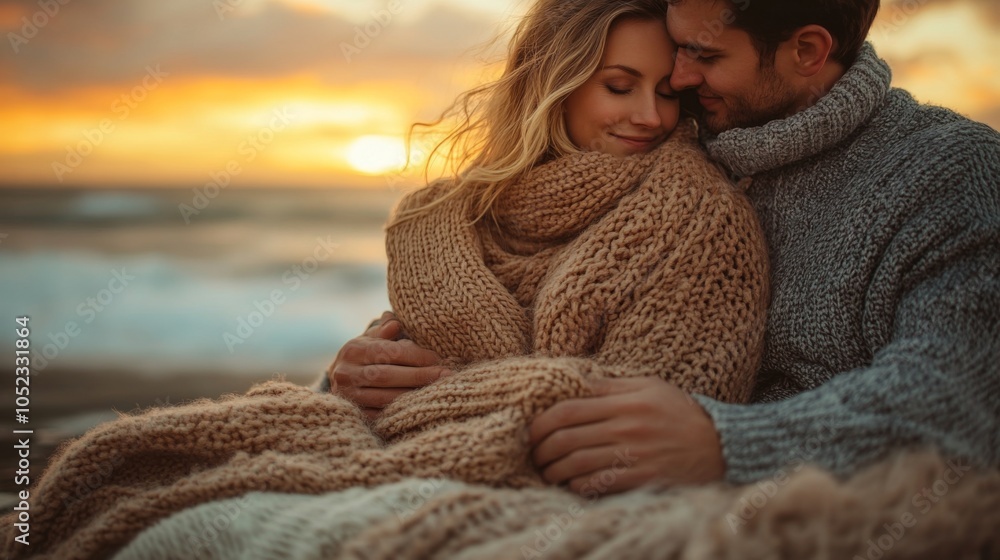 A couple sits closely together on the beach at sunset, wrapped in soft blankets. The warm colors of the sky reflect their love as waves gently crash nearby. A couple sits closely together on the beach at sunset, wrapped in soft blankets. The warm colors of the sky reflect their love as waves gently crash nearby.