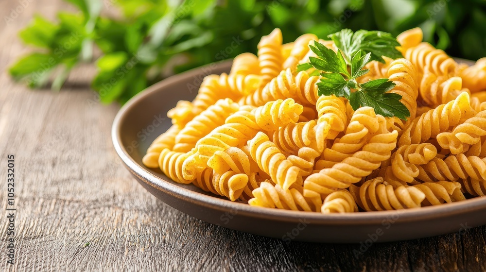 Organic Pasta Close-Up on Bright Plate with Fresh Herbs Organic Pasta Close-Up on Bright Plate with Fresh Herbs