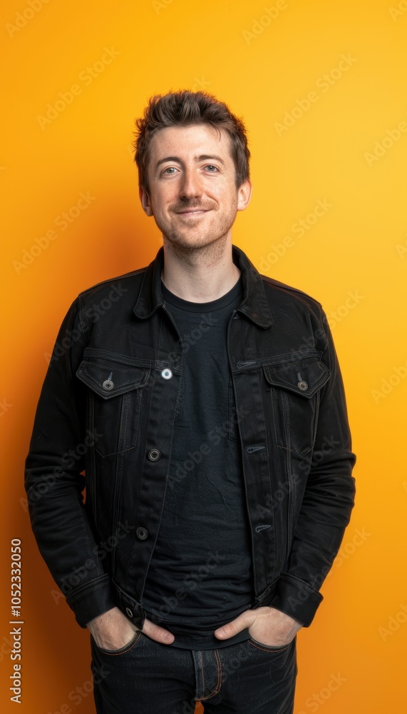Playful and Confident Man in Black Jacket on Vibrant Orange Background for Print or Poster Design Playful and Confident Man in Black Jacket on Vibrant Orange Background for Print or Poster Design