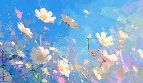 Abstract painting of wildflowers under blue sky