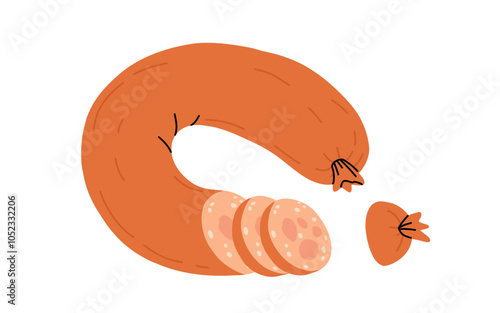 Set of boiled and smoked sausage products, frankfurter, whole sausage, half, sliced, boiled pork, string of sausages. Food, meat dish. Color vector illustration isolated on white