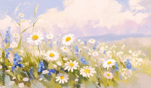 Abstract painting of wildflowers under blue sky