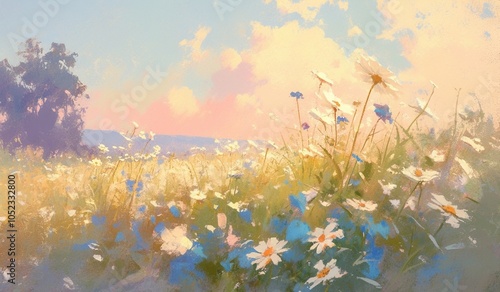 Abstract painting of wildflowers under blue sky