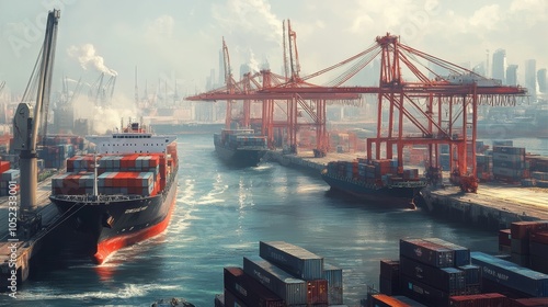 Import export: A busy port scene with cargo ships, containers, and cranes, representing the flow of goods between countries, with a focus on the global nature of trade. photo